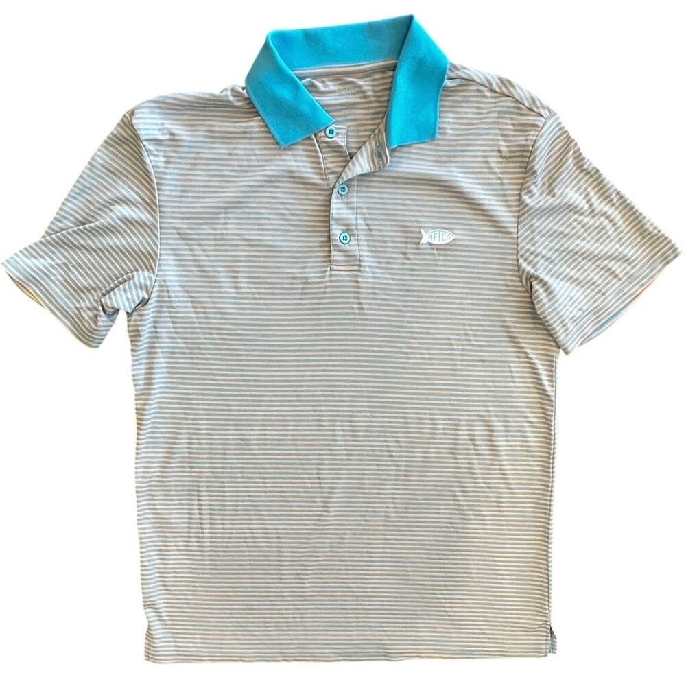 AFTCO Men’s Small Tech Polo Shirt Blue Orange Stripe Performance Fishing‎